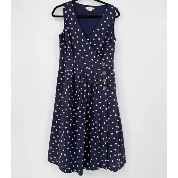 Boden Women's 10P Arwen Midi Button Wrap Linen Cotton Polka Dot Dress Preppy - Picture 1 of 9